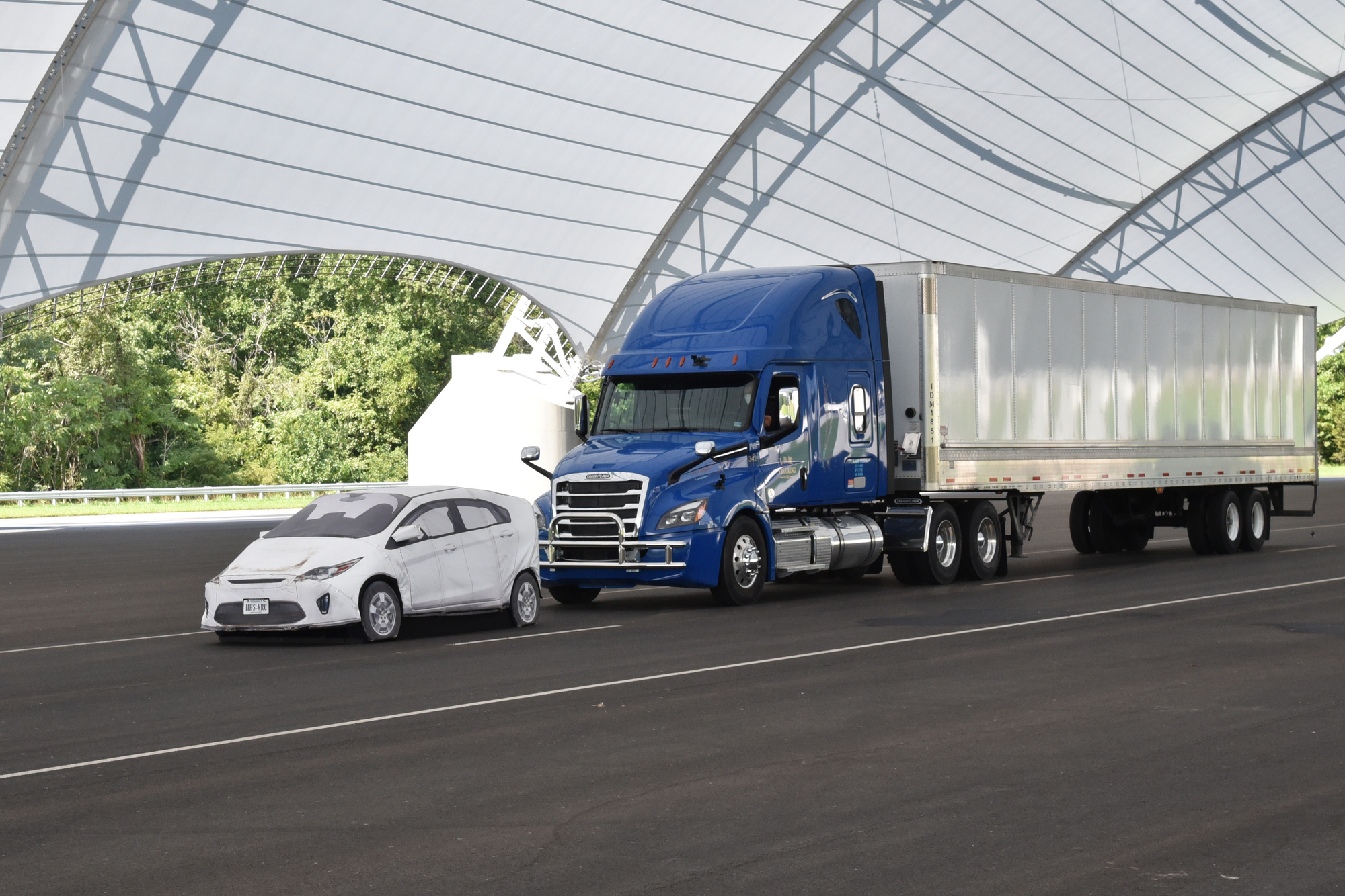 Automatic emergency braking (AEB) demonstration test performed at the Insurance Institute for Highway Safety's Vehicle Research Center in Ruckersville, Va. 