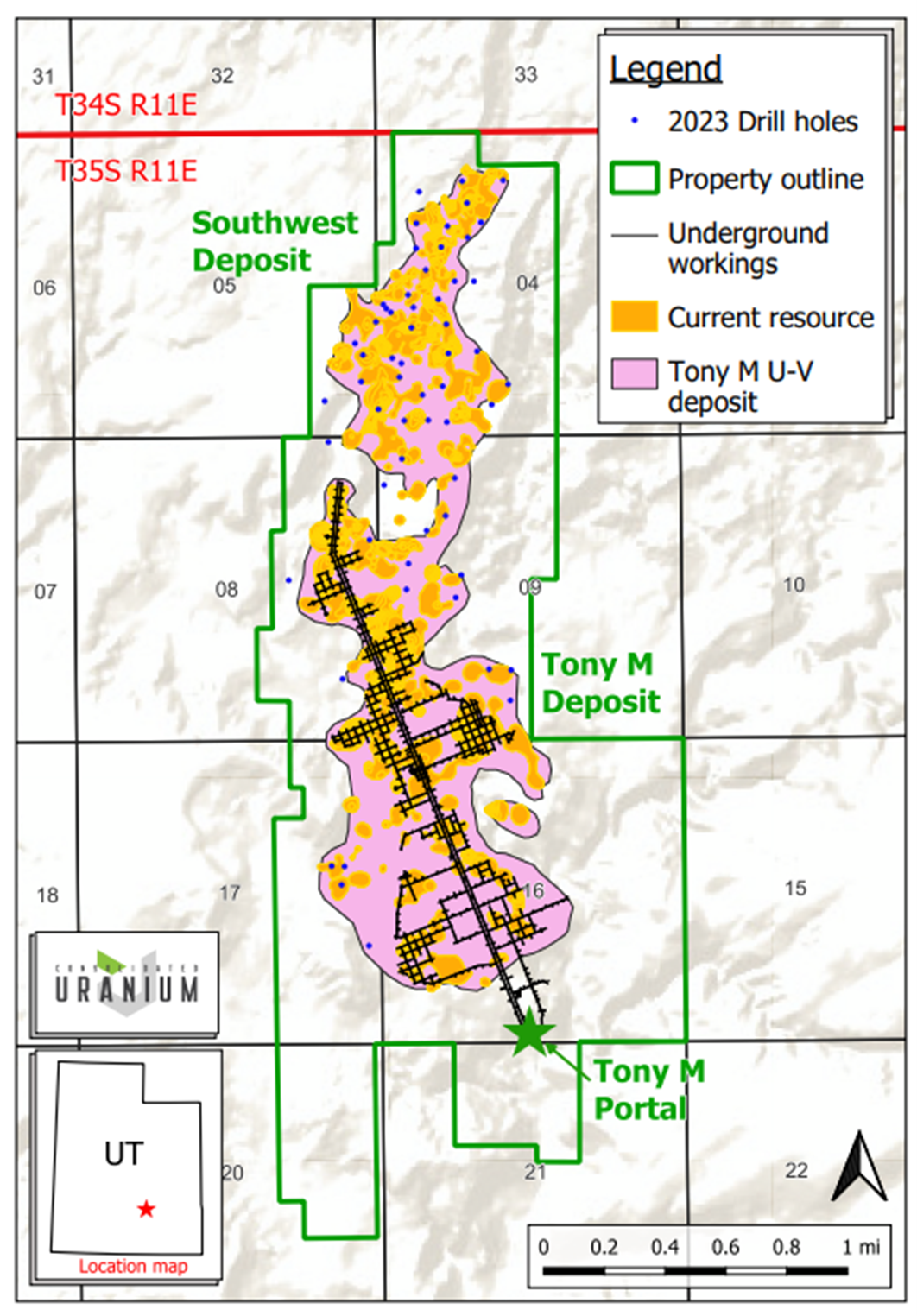 Map of Tony M Mine outlining underground workings and planned drill locations for 2023 work
