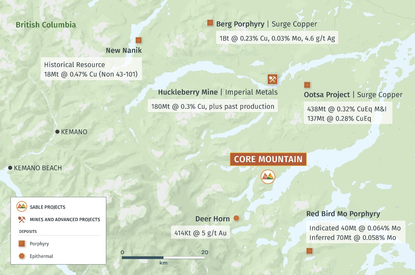 Location of the Core Mountain property and significant deposits in the area