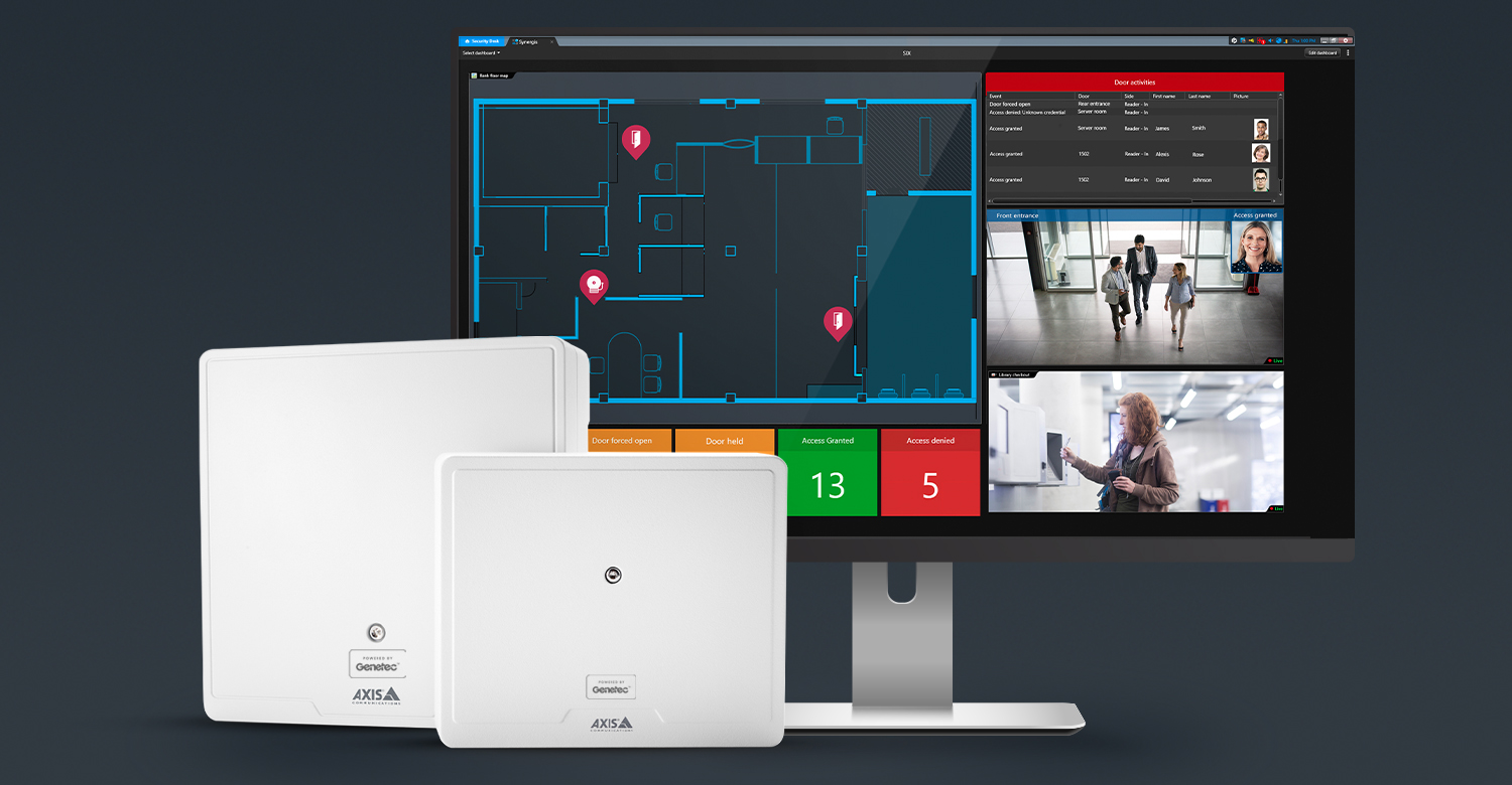 d’Axis Powered by Genetec, la première offre de contrôle d’accès du secteur combinant le logiciel de contrôle d’accès Genetec et les contrôleurs de porte réseau Axis au sein d’une solution tout-en-un et facile à déployer. (De gauche à droite : contrôleurs de porte réseau AXIS A1210 et AXIS A1610 et logiciel de contrôle d’accès Genetec SynergisMC )