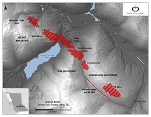 Figure 1: Cariboo Deposit Areas with drill locations