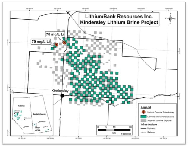 Baux miniers de LithiumBank avec des analyses historiques de saumure de Duprow.