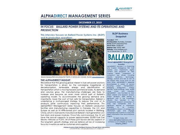 This alphaDIRECT Management Series focuses on Ballard Power Systems’ Production Facilities and Manufacturing Capabilities. http://www.alphadirectadvisors.com/managementseries/bldp-its-manufacturing-capabilities-and-production-facilities
