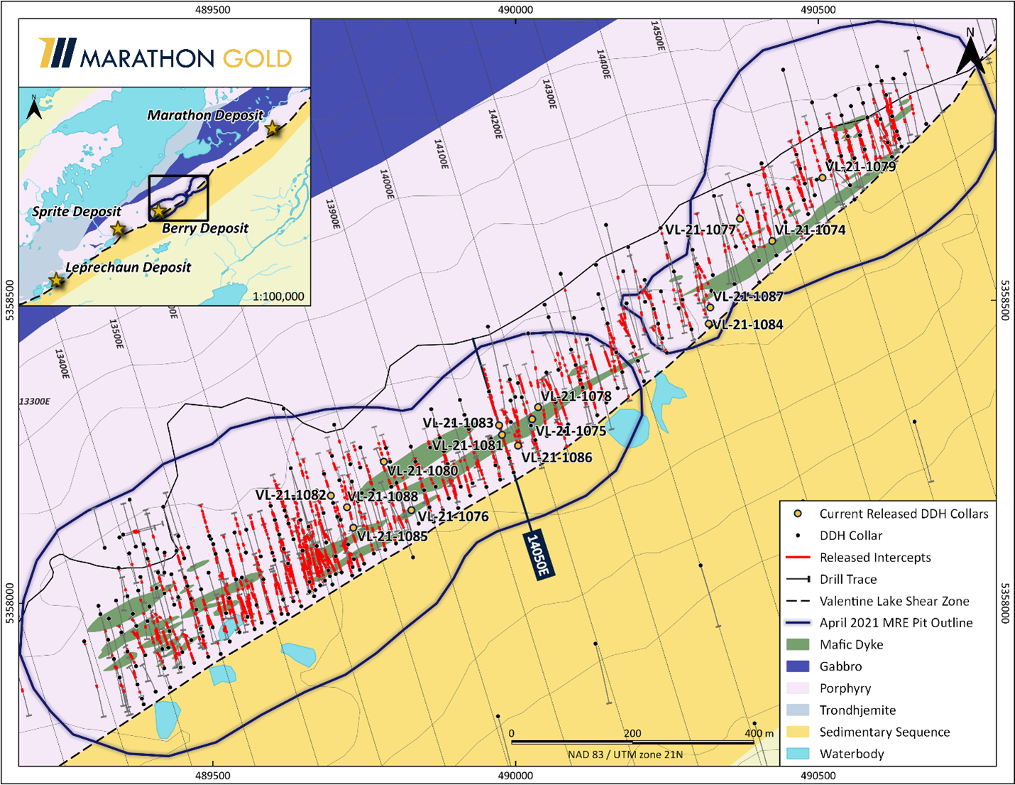Location of Berry Deposit Exploration Drill Hole Collars VL-21-1074 to VL-21-1088