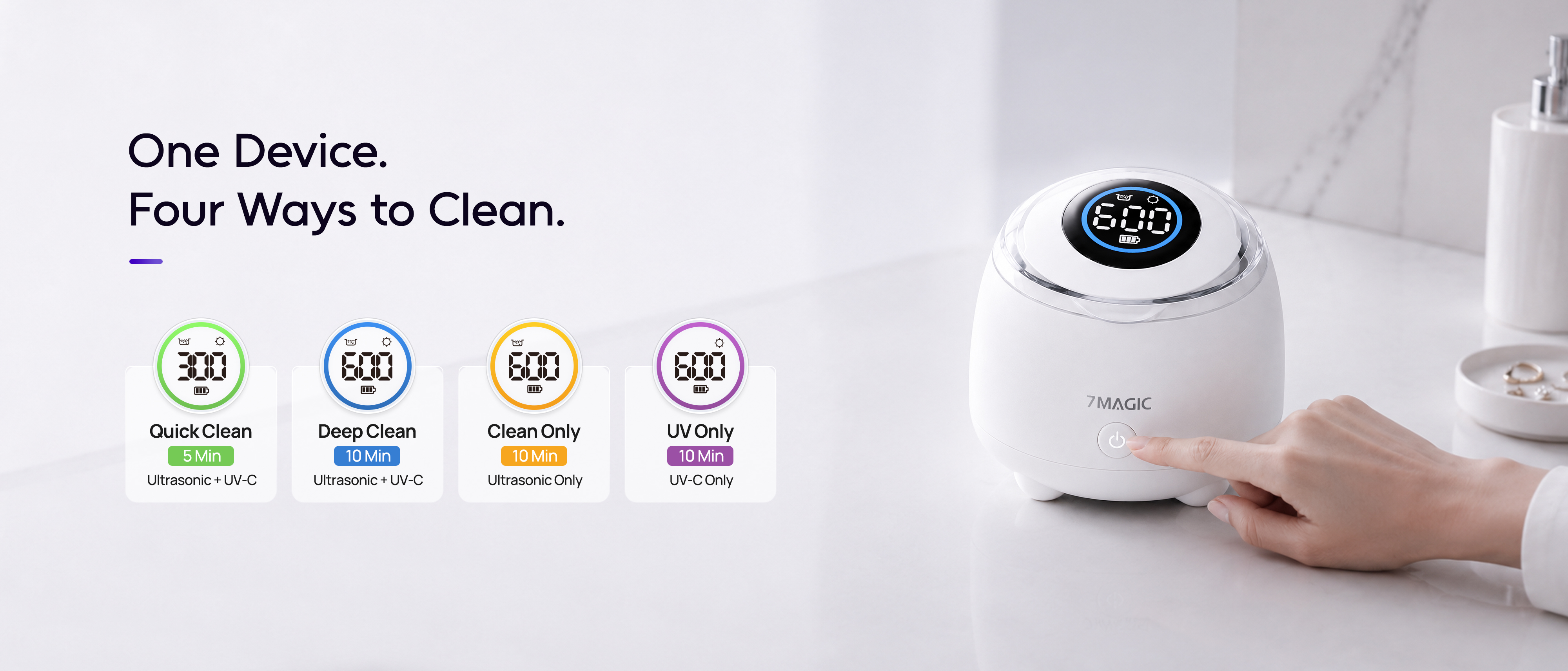 7MAGIC SonicPod Go cordless ultrasonic cleaner with dual 2000mAh batteries, USB-C charging and up to 14 five-minute cleaning cycles.