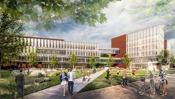 DMU's new campus will feature buildings with large, floor-to-ceiling windows, skywalks and airy common spaces to foster learning and collaboration. 