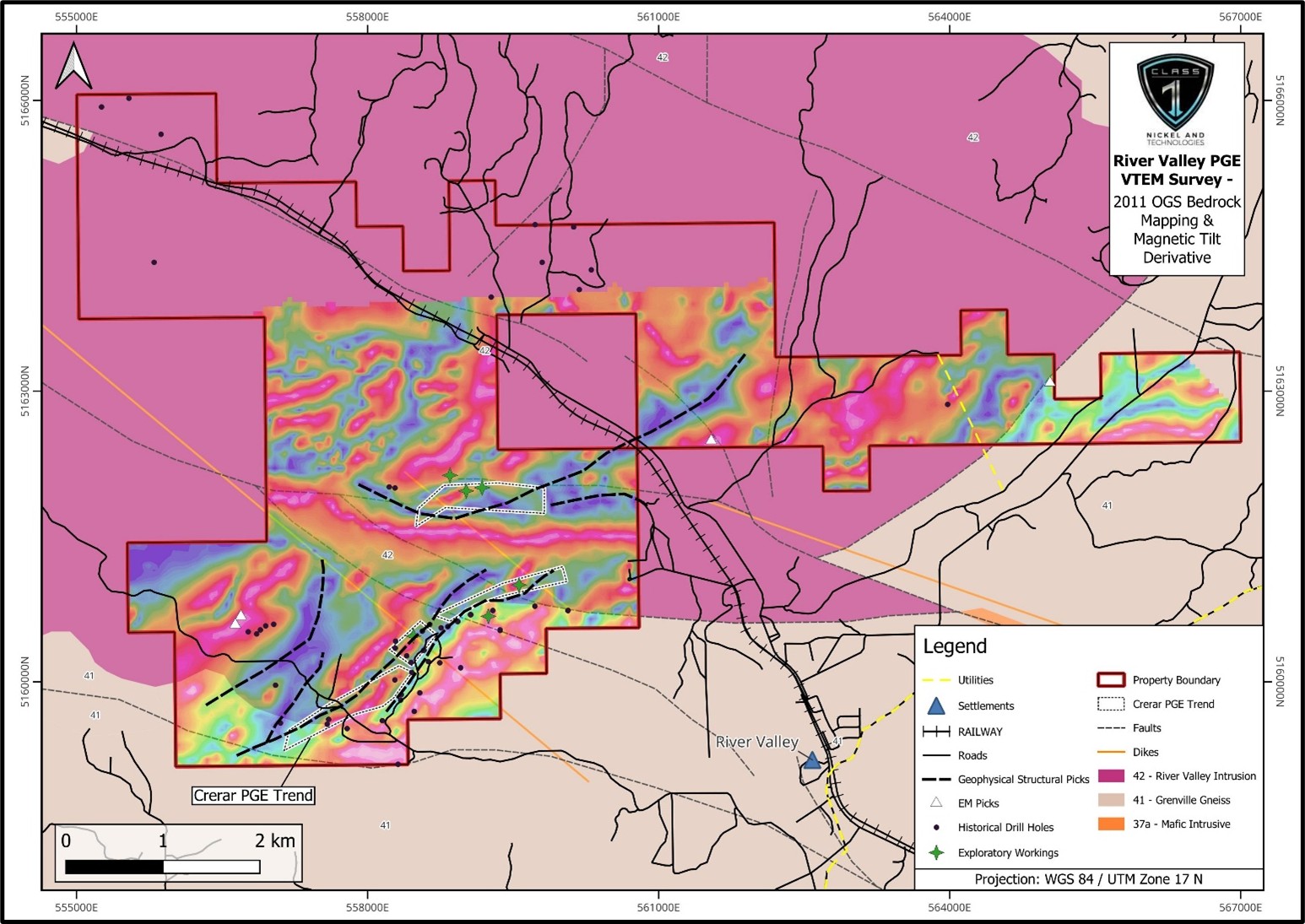 Magnetic Tilt Angle Derivative overlain on the generalized geology from the southeastern River Valley Intrusion (OGS, 2011), showing the location of the River Valley PGE Property boundary, location of known sulphide mineralization, PGE-sulphide trends such as the Crerar PGE Trend, historical drill hole collars, and geophysical (EM and structural) picks. The Geophysical Structural Picks represent some of the new trends that will be ground-truthed during this summer’s field program. 