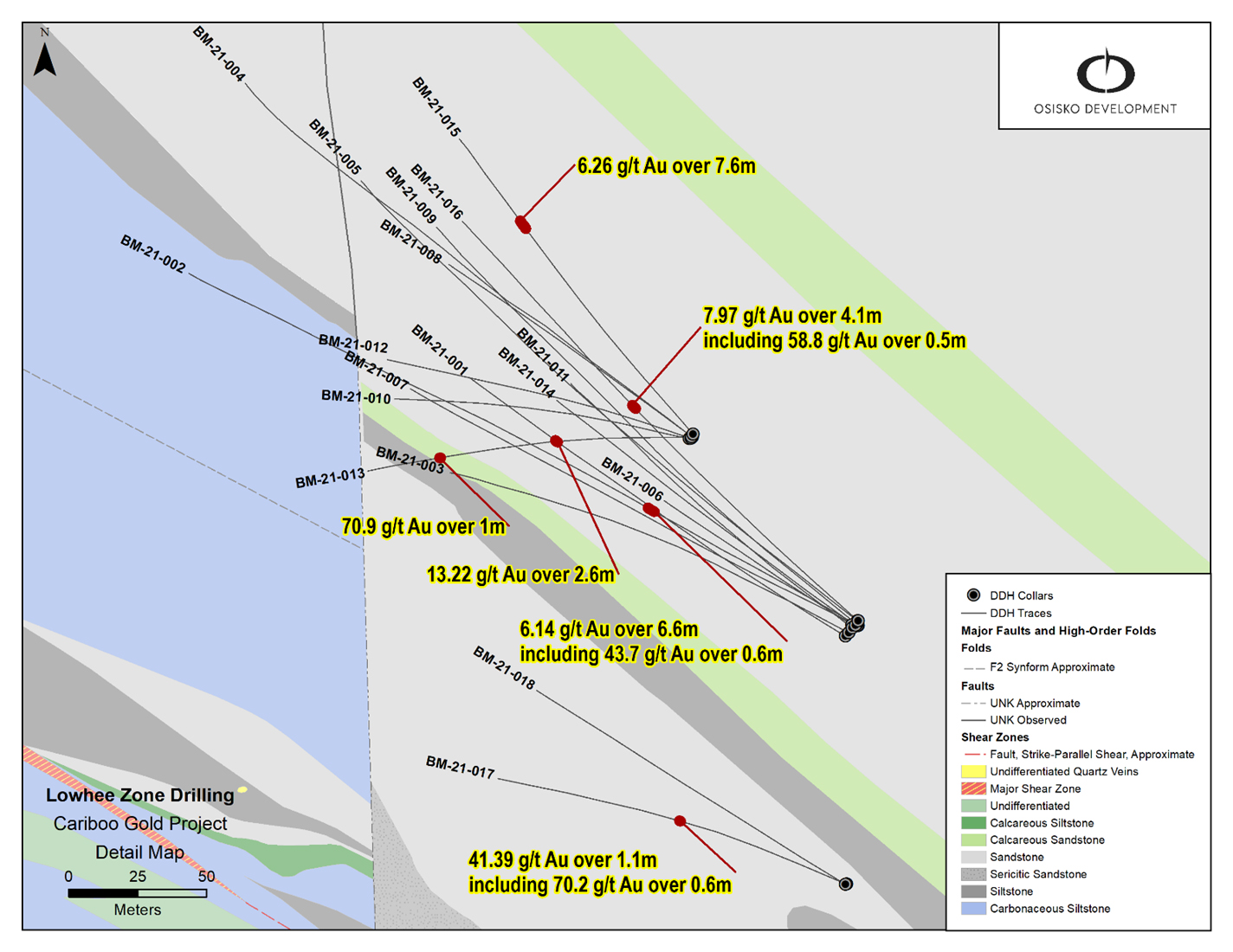 Figure 2: Lowhee detail area with drill intercept highlights