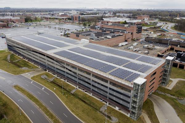 DTE Energy's new solar installation at Ford's Research & Engineering Center in Dearborn, Michigan. The 2,159-panel array is located on the roof of the Deck 400 parking structure.