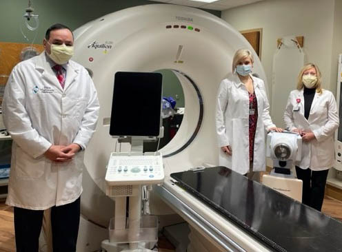 Members of the brachytherapy team at the Hahne Cancer Center at Penn Highlands Mon Valley are (l. to. r.) Mohsen A. Isaac, MD, Medical Director of Radiation Oncology; Meredith Pomposelli, M.S., DABR, Medical Physicist; and Deborah L. Burkhardt, R.T. (R)(T)(CT)(ARRT), Director of Radiation Oncology.