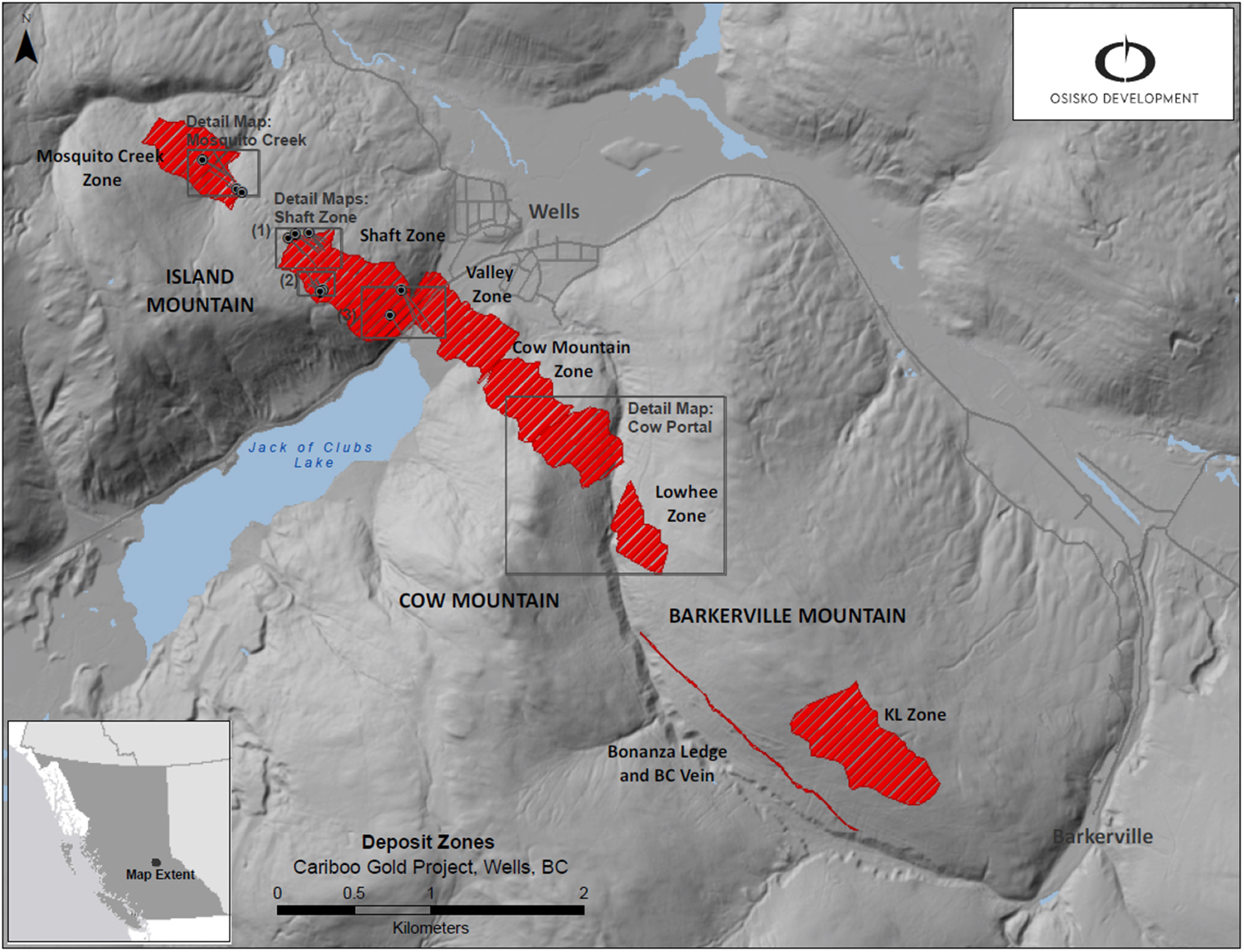 Figure 1: Cariboo deposit areas overview map