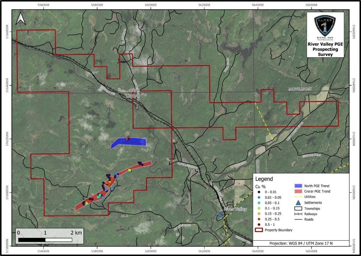 Outline of the RV Project mining claims (red boundary) that define the River Valley PGE Project, the previously identified Crerar PGE Trend (red polygon), and the North PGE Trend (blue polygon). Bedrock samples are shown as %Cu concentrations. 