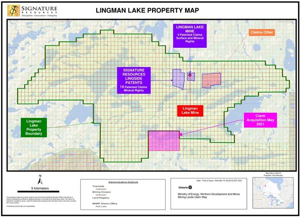 A map property showing the acquisition of the claims relative to the Company’s existing Lingman Lake property is presented below.