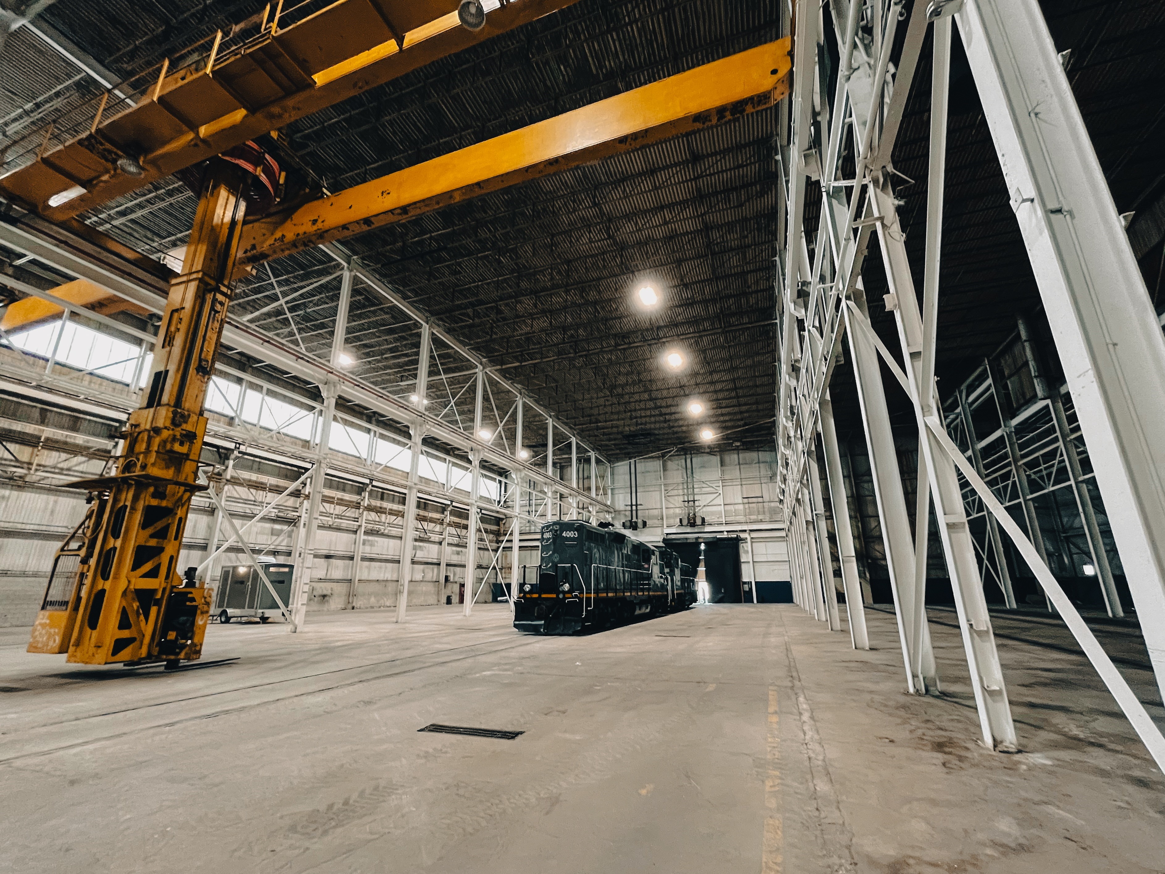 Locomotive in a warehouse at the Thorold Multimodal Hub