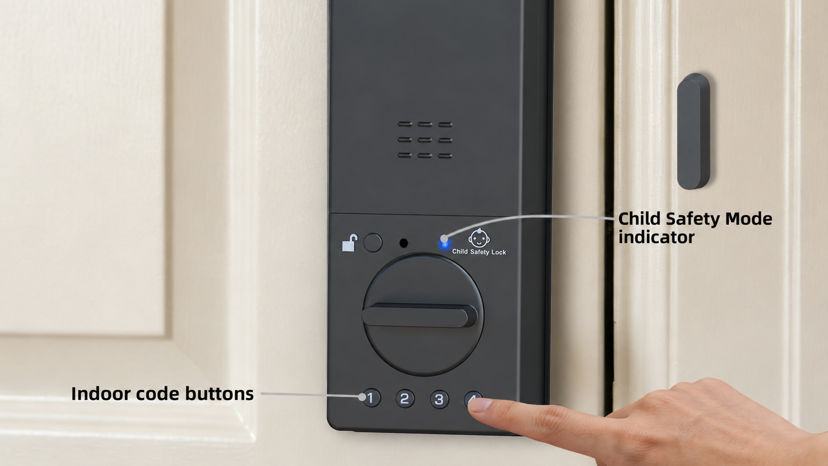 Bestkid MD11 indoor panel illustration showing four code buttons and the blue Child Safety Mode indicator beside the thumbturn.