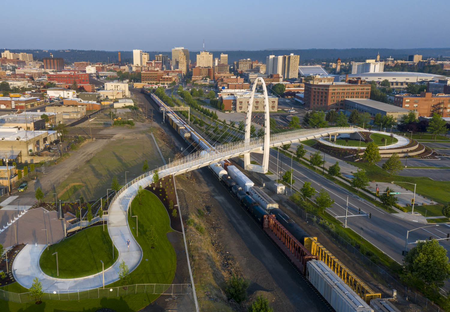 The new University District Gateway Bridge located in Downtown Spokane, between the University District and the east Sprague neighborhood. Image copyright Adam Hunter/LMN Architects.