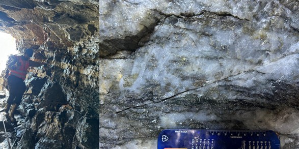Adit recently excavated by artisanal miners at Sela Creek, showing banded sulphide-bearing veins (right) and a tonalite intrusion (hanging wall, left). 