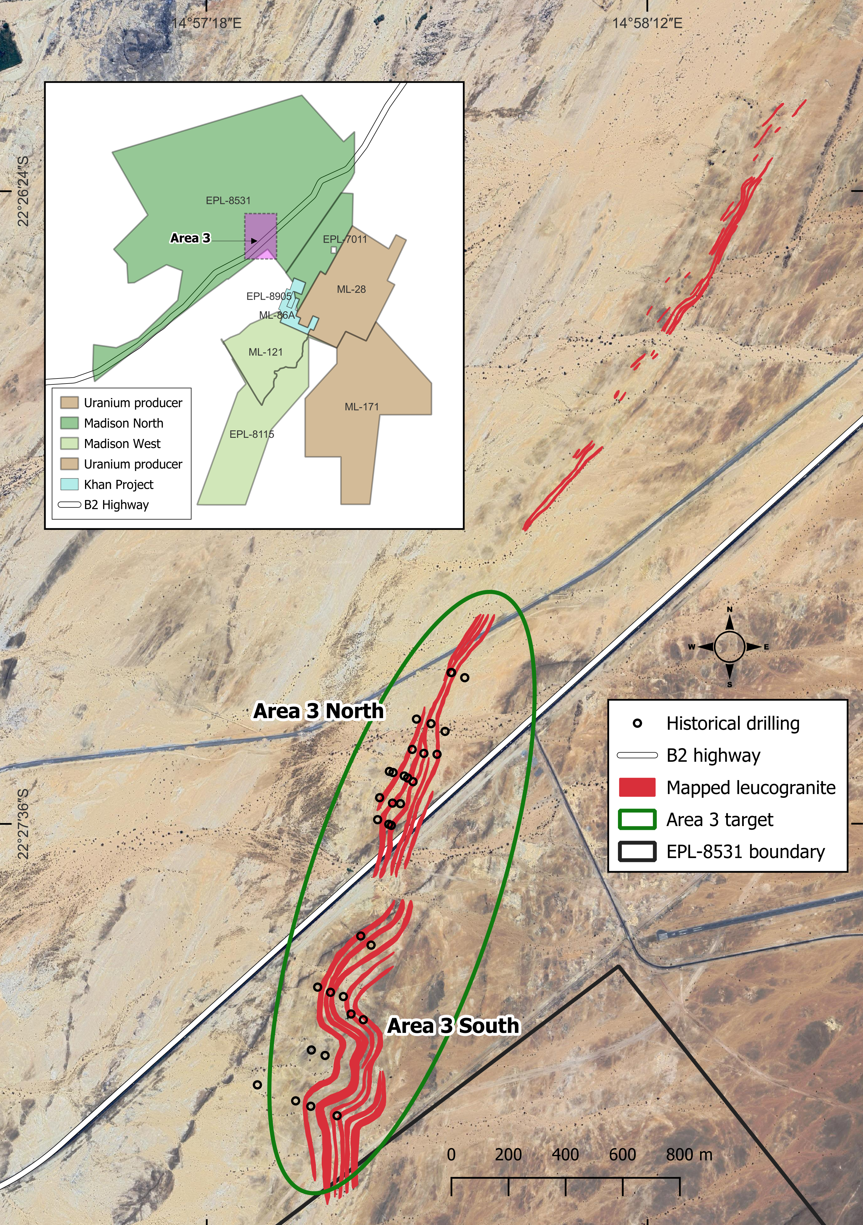 Figure 1: Location of Area 3 targets delineated based on radiometric anomalies and geological mapping.