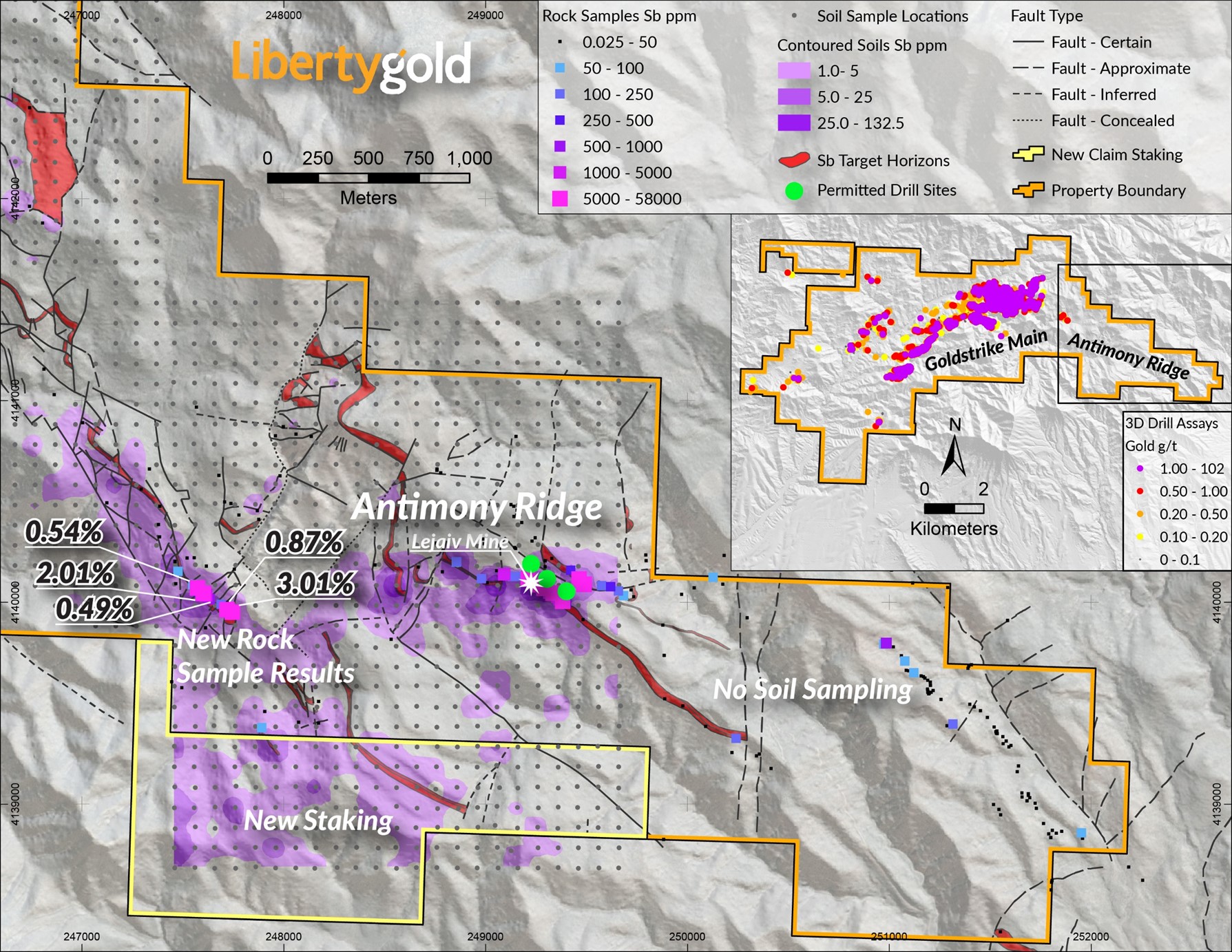 Plan map of Antimony Ridge With Soil Anomalies and Mineral Claim Boundaries