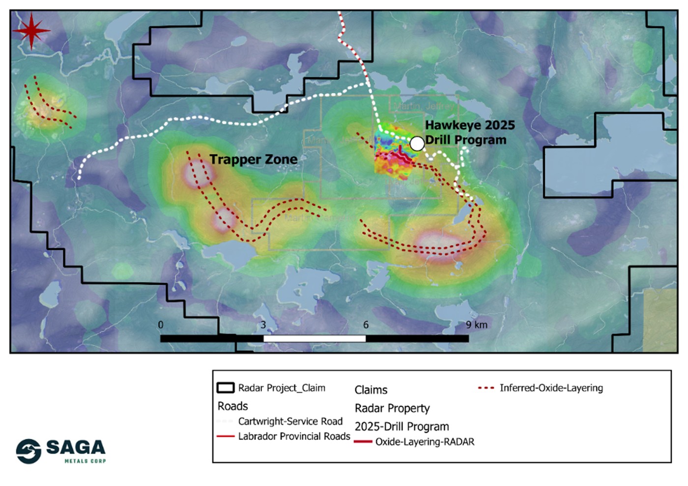 The prospective inferred ~20km aerial oxide layering zone on the Radar property. Compilation analytical geophysics as acquired from historical sources, which SAGA has proven confidence in after the 2024 field programs.