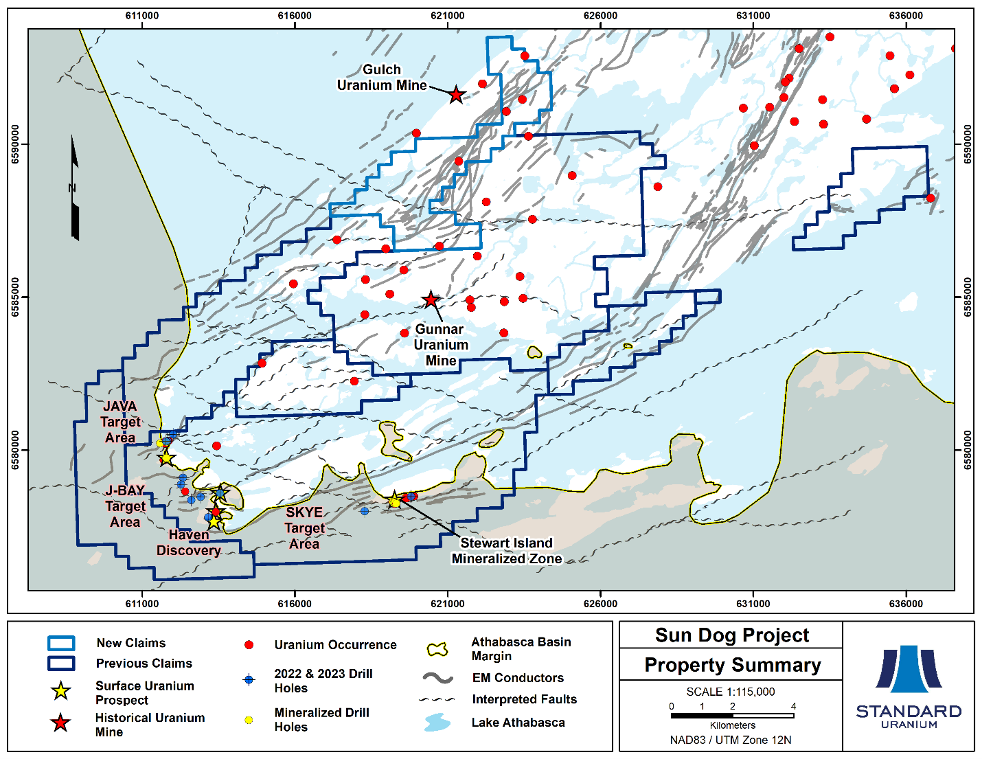 Plan map showing the expanded Sun Dog project area and highlighting EM conductors coincident with cross-cutting faults and uranium showings.