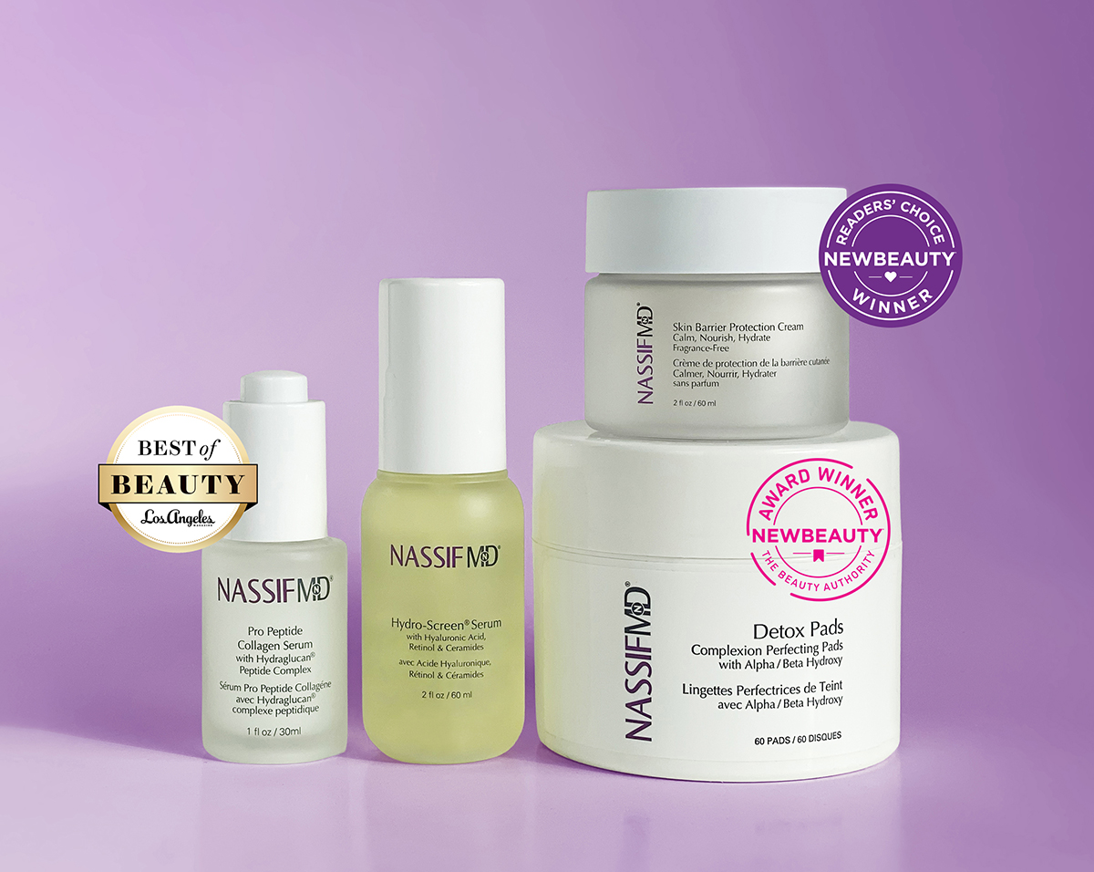 NassifMD Skincare product lineup displayed together, including bestselling Hydro-Screen Serum and Detox Pads.