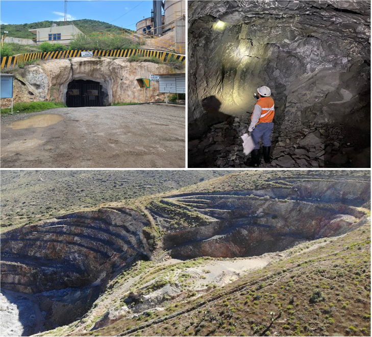 Clockwise from top-left 1. Rosarios Portal; 2. Ag-Pb-Zn vein mineralization, Quebradillas Cuerpo 460 (1700 elevation); 3. Quebradillas Open Pit