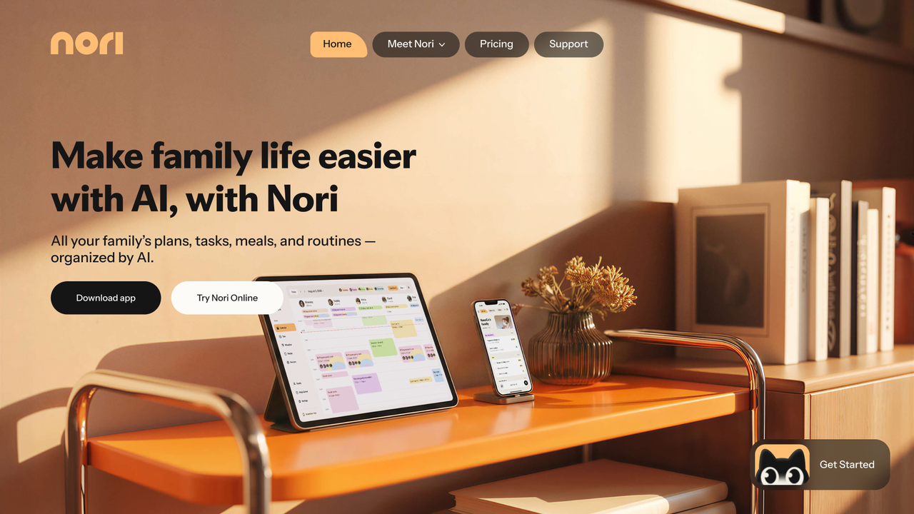 Nori Family AI platform interface showing family schedule and task management