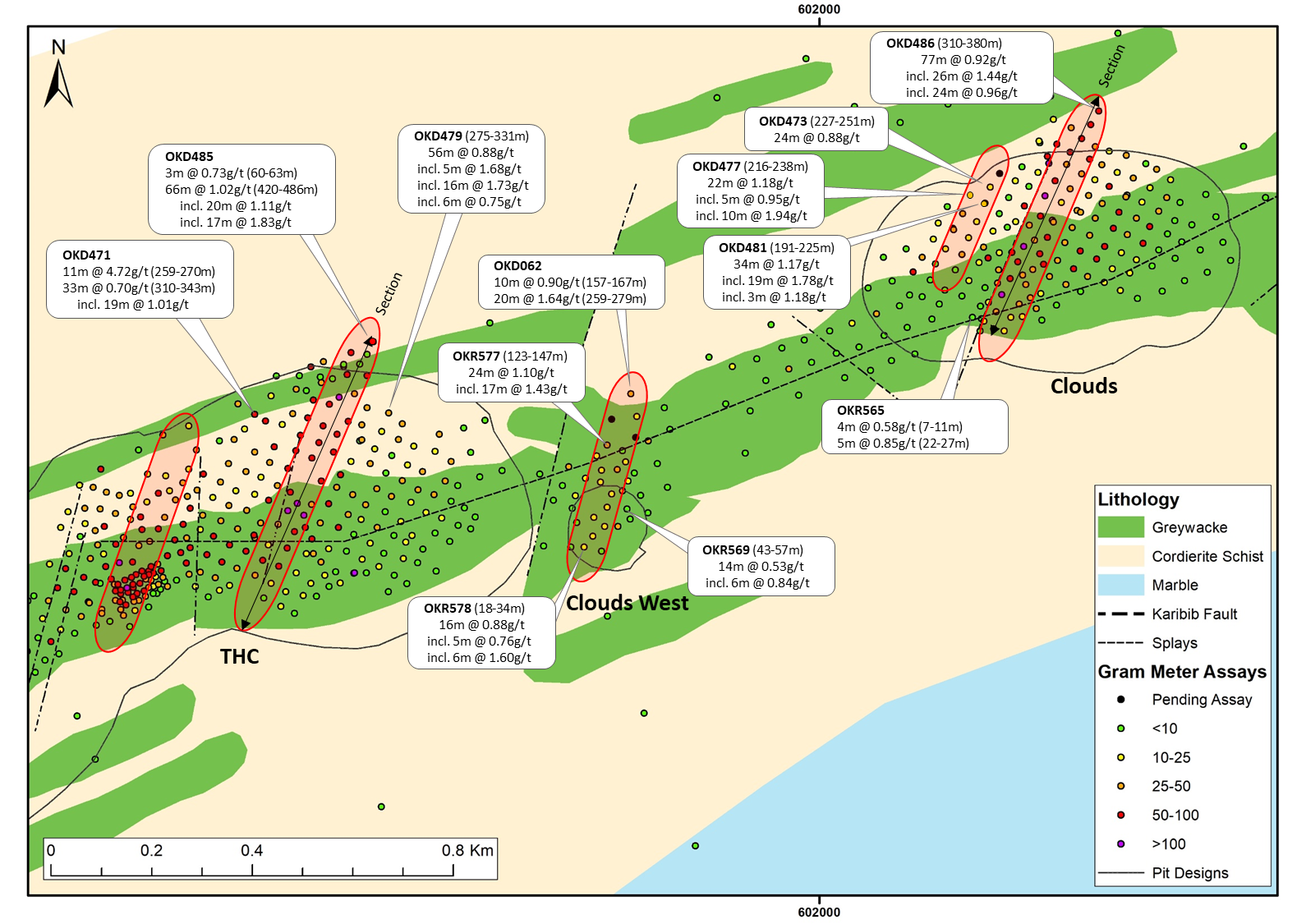 Colored map with recent assay results at THC, Clouds West and Clouds with ore shoot directions outlined in red