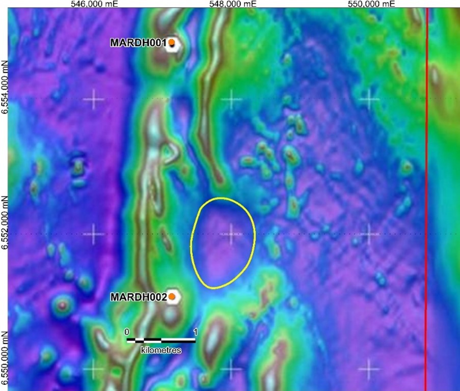 Figure 1 - Marra target with two Inflection drill holes plotting on regional magnetic map (TMI-RTP).  Yellow polygon highlights area of interest for f