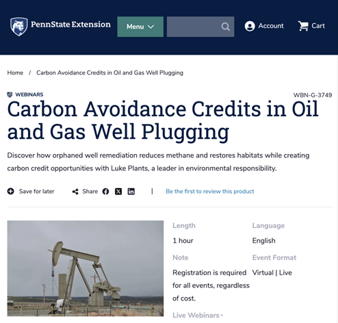 This Thursday, Zefiro SVP of Corporate Development Luke Plants will be leading the "Carbon Avoidance Credits in Oil and Gas Well Plugging" webinar hosted by Penn State University