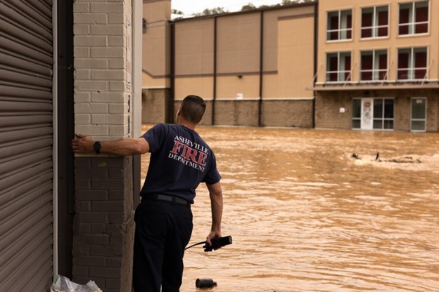 Flooding on the edge of the River Arts District of Asheville