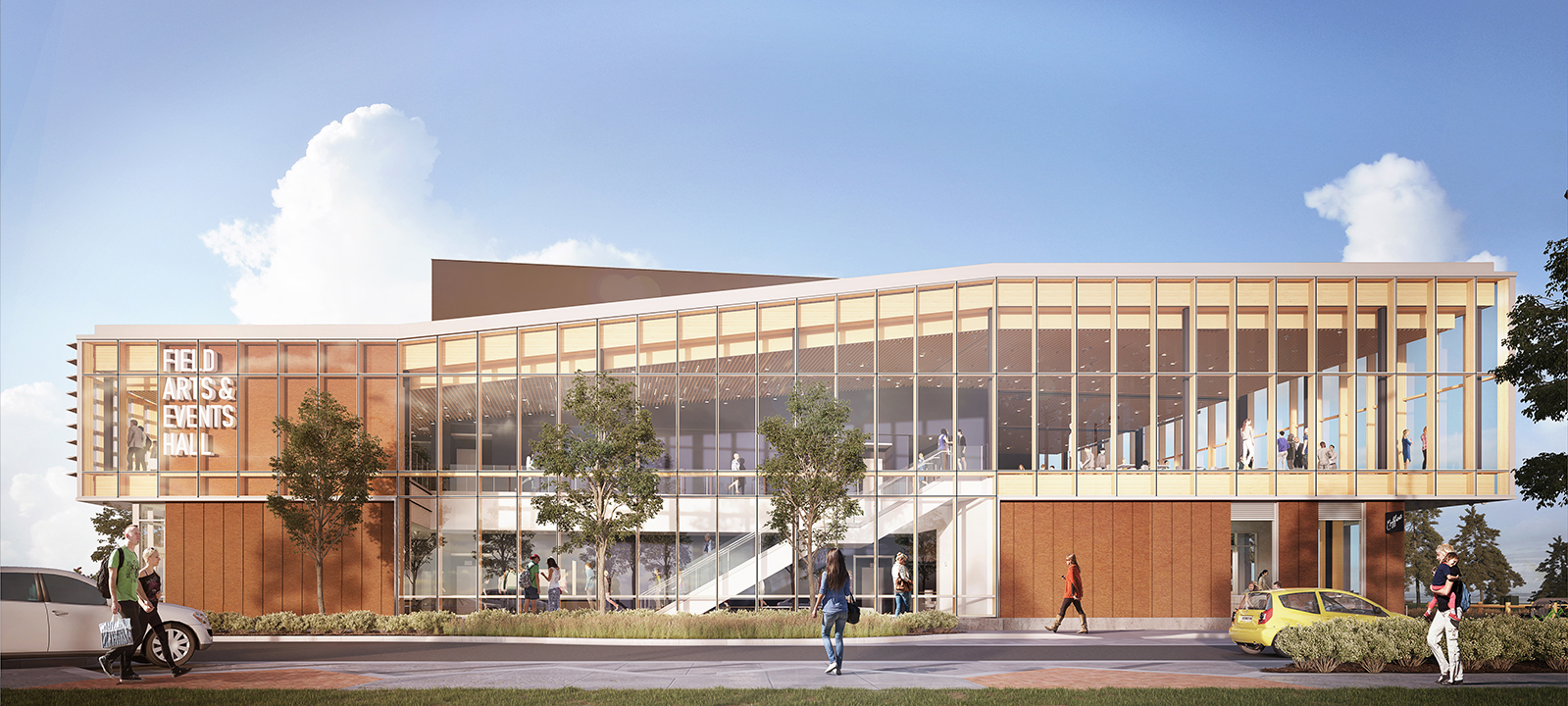 Exterior and facade detail of the new Field Arts & Events Hall in the Port Angeles Waterfront Center designed by LMN Architects.