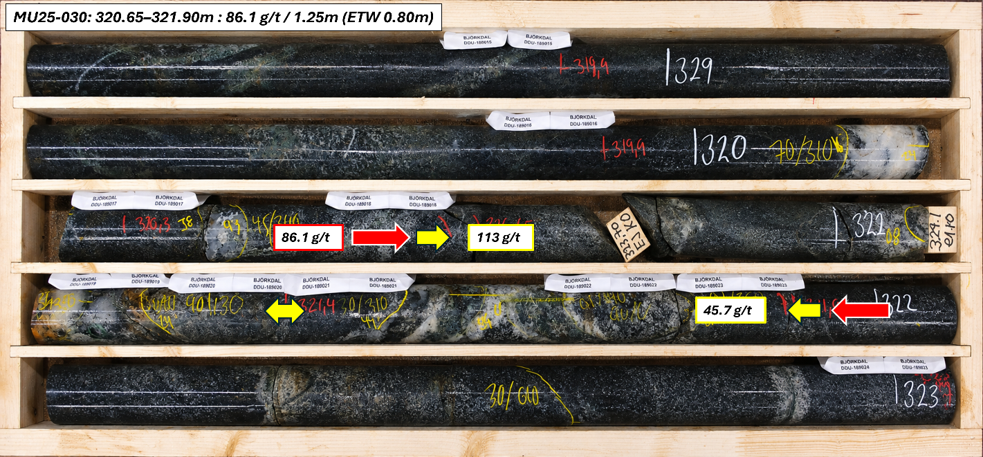 Core tray photograph from MU25-030, where the highest-grade interval of the drill program was intersected.