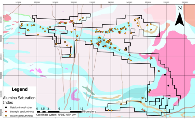 Location of 2024 Field Samples. RTEC Spatial Distribution of Alumina Saturation Index Grab Samples 2024. Elevated alumina saturation can suggest a favorable melt source for Lithium mineralization and is used in combination with other analytical methodologies.