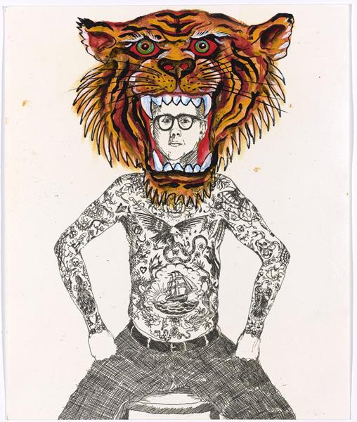 Don Ed Hardy (American, b. 1945)
“El Tigre,” 2009. 
Acrylic on digital print, 16 x 13 1/8 in. Collection of the Artist
© Don Ed Hardy