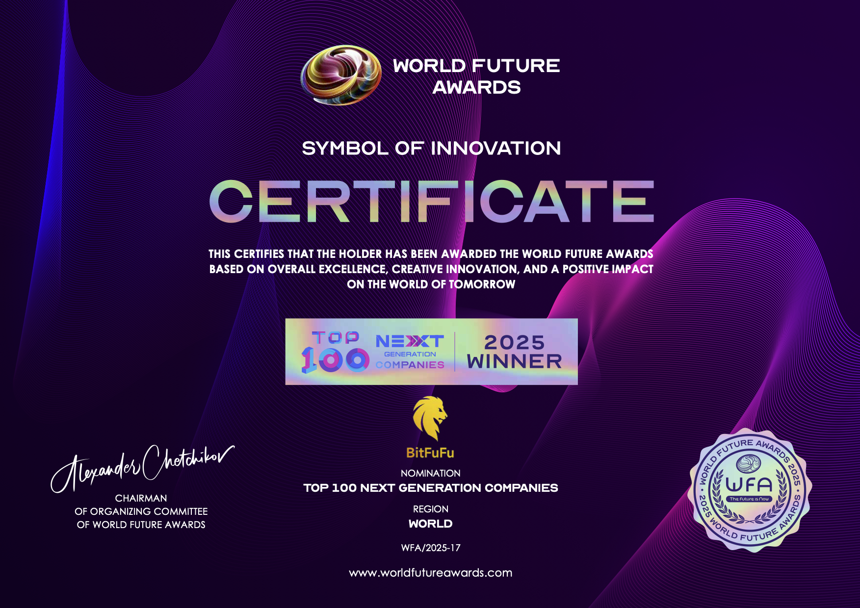 World Future Awards 2025 digital certificate recognizing BitFuFu as a TOP 100 Next Generation Company for innovation, excellence, and positive impact