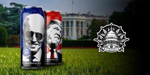 Two cans of Capitol 9 THC Seltzers on the lawn of the White House. One can has the image of Joe Biden, the other has an image of Donald Trump. 