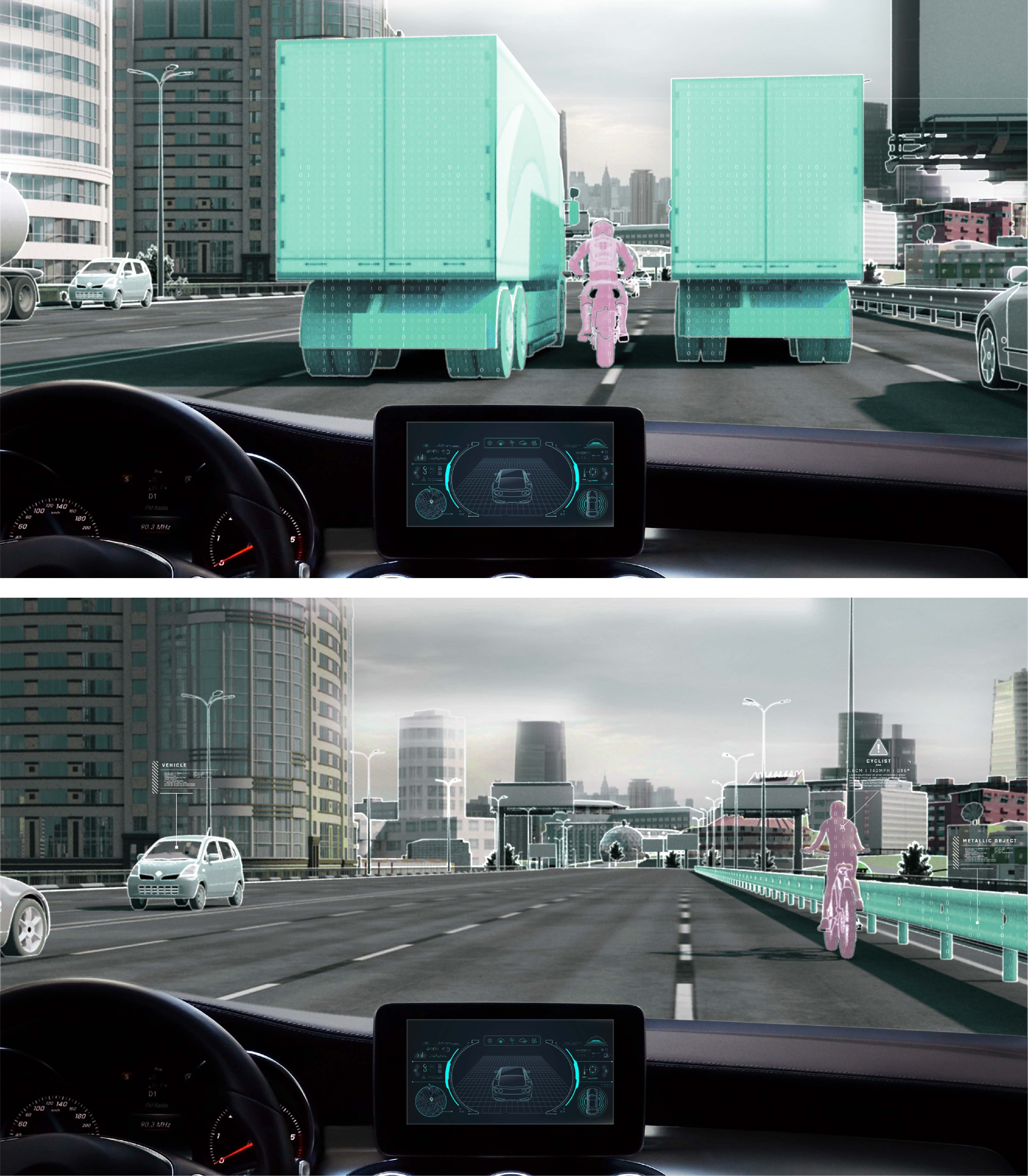 Uhnder's digital radar can clearly identify a motorcycle between two trucks, a pedestrian crossing the road, a child entering the street from beside a parked car, or a bicyclist next to a guard rail, at levels of accuracy that legacy analog radar systems cannot achieve.