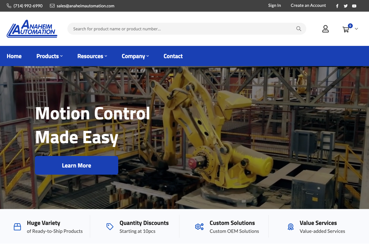 Anaheim Automation’s new website provides a sleek, modern user experience with a powerful inventory and content management system.