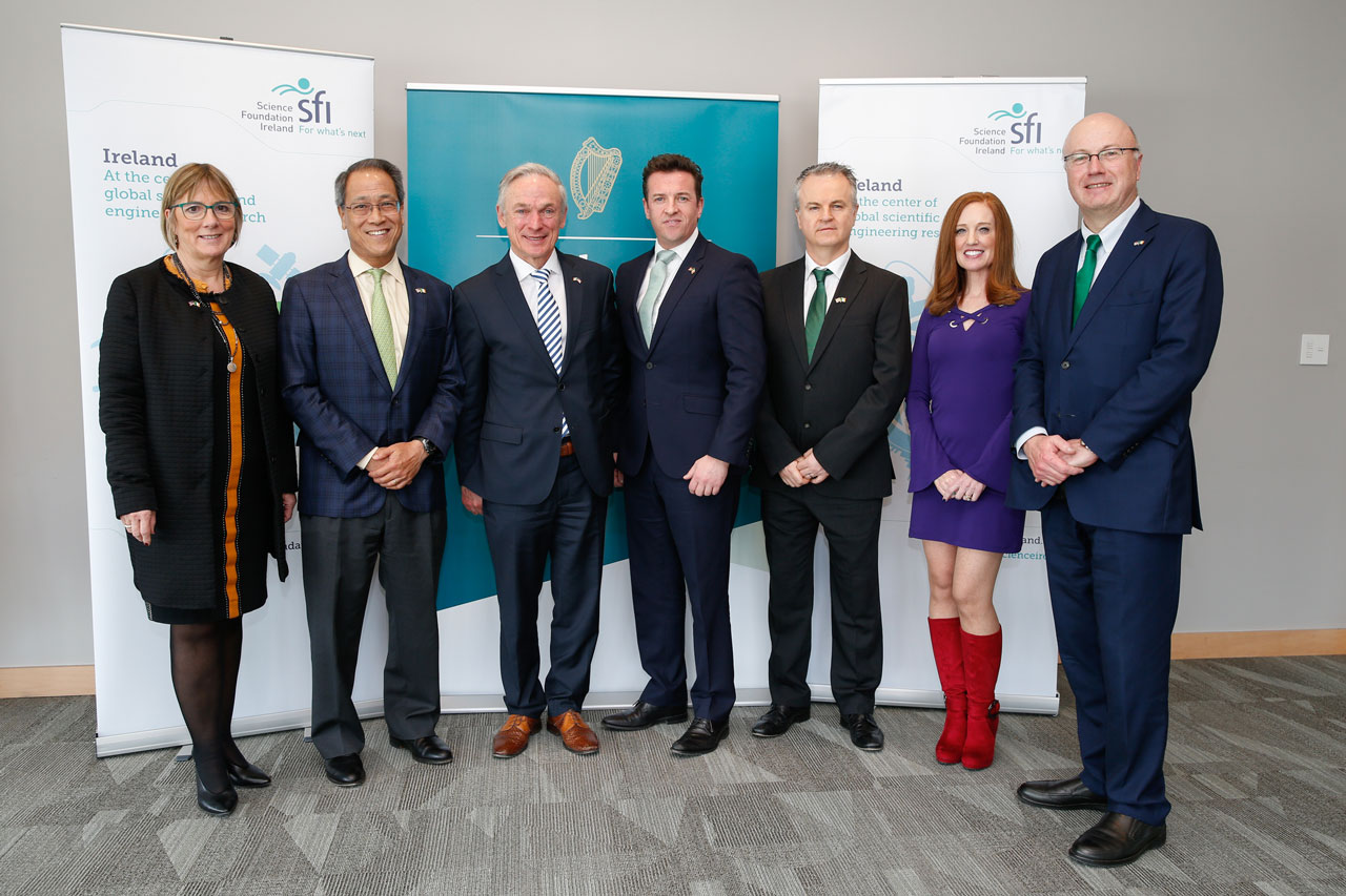 Image: 2019 St. Patrick's Day Science Medals. From left to right. (1) Julie Sinnamon, Enterprise Ireland’s Chief Executive Officer. (2) Kenneth Mendez, AAFA’s Chief Executive Officer. (3) Minister for Communications, Climate Action and Environment, Richard Bruton TD (4) Dr John McKeon, ASL’s Chief Executive Officer. (5) Dave Morrissey, ASL’s Chief Information Officer. (6) Michele Cassalia, Marketing Director of the asthma & allergy friendly® Certification Program. (7) Prof Mark Ferguson, Director General, Science Foundation Ireland and Chief Scientific Adviser to the Government of Ireland.