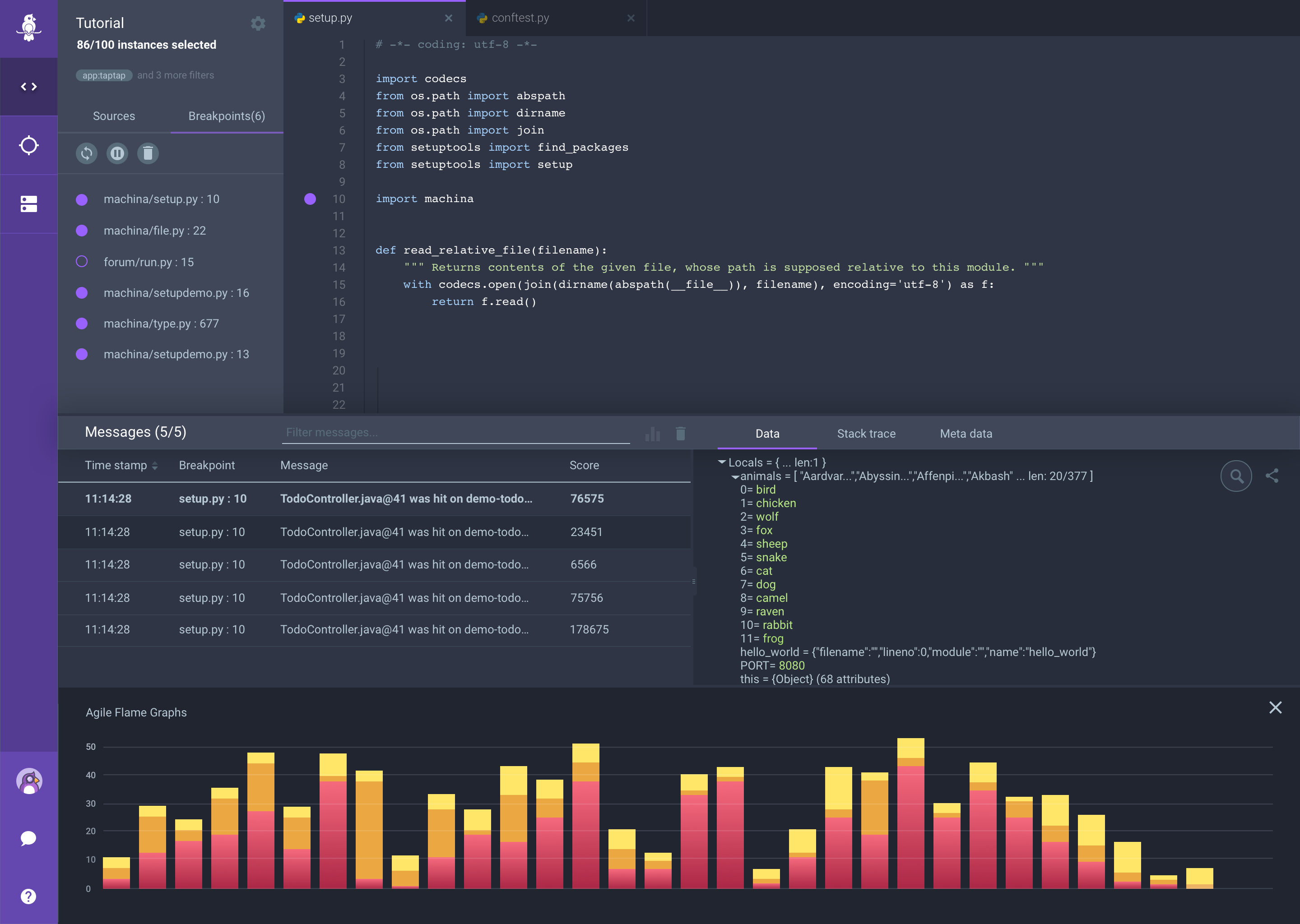 UI screenshot of Rookout's agile flame graph profiling the latency within an application.