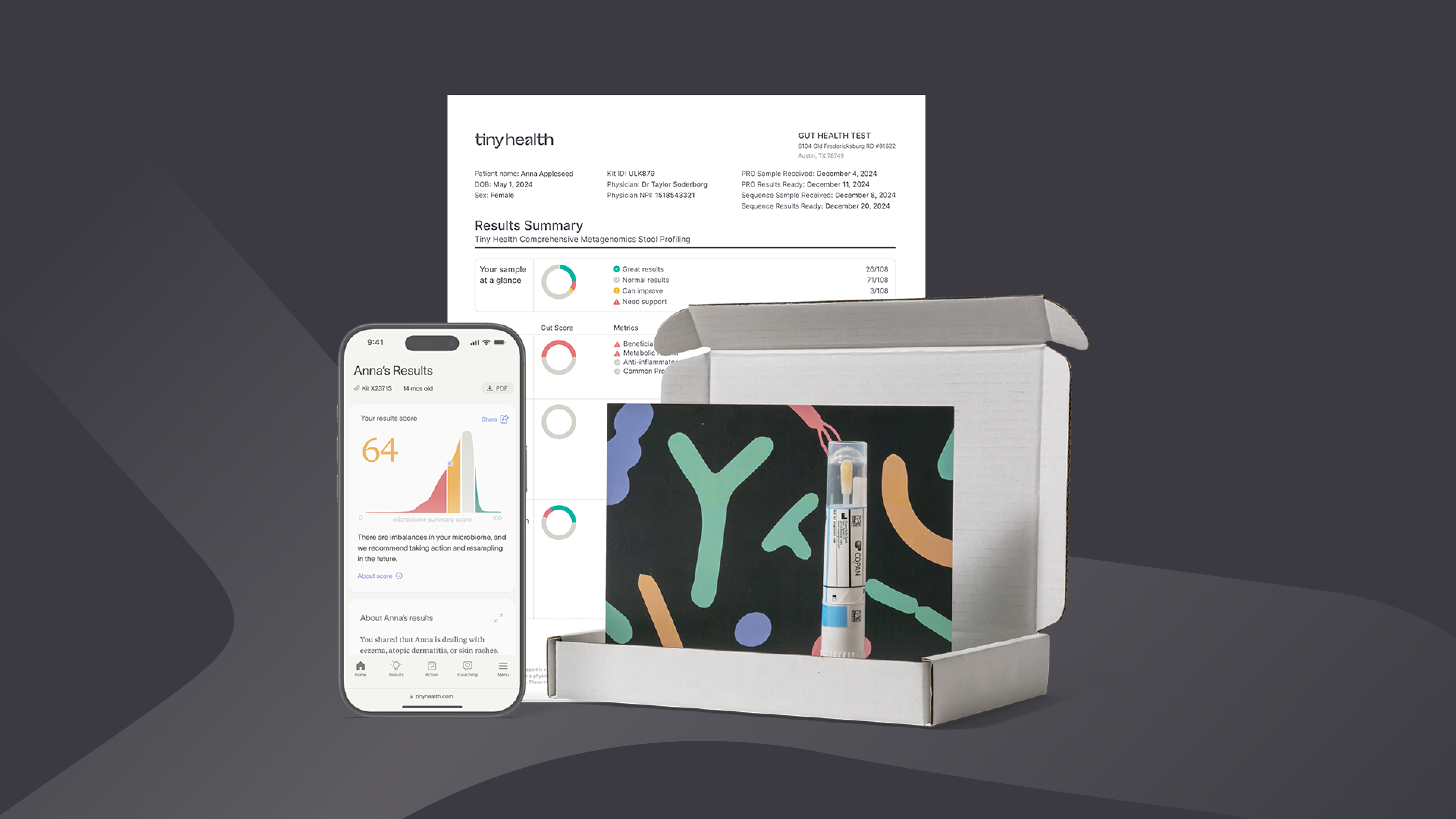 Tiny Health Gut Health Baseline Test with phone showing test results and a practitioner PDF