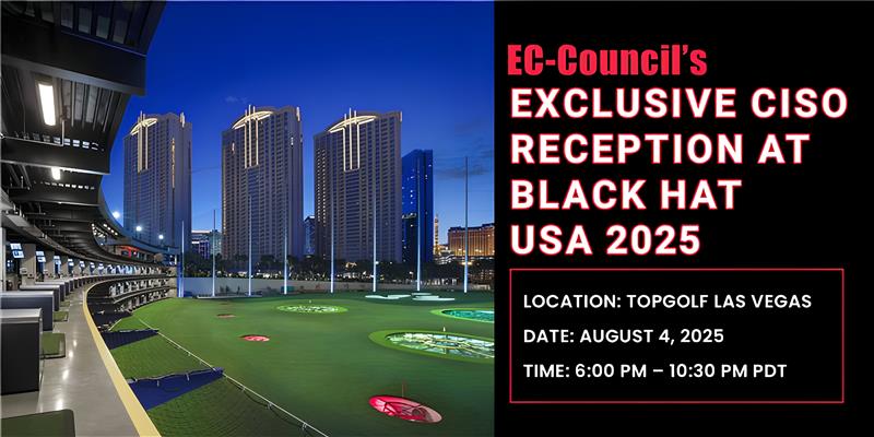 An exclusive, invitation-only gathering of top cybersecurity leaders, including CISOs and senior executives, engaging in leadership dialogue and strategic networking at EC-Council’s reception during Black Hat USA 2025.