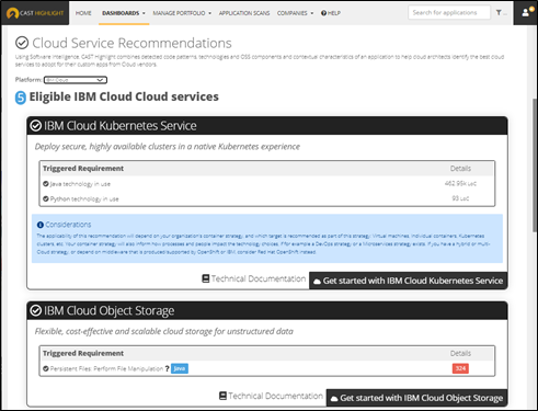 CAST Highlight’s IBM Cloud Service Recommendations