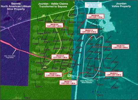 The Vallée property is immediately east of the North American Lithium mine. This figure depicts the 2011, 2021 and 2022 completed drillholes with a total of 79 drillholes since 2011.