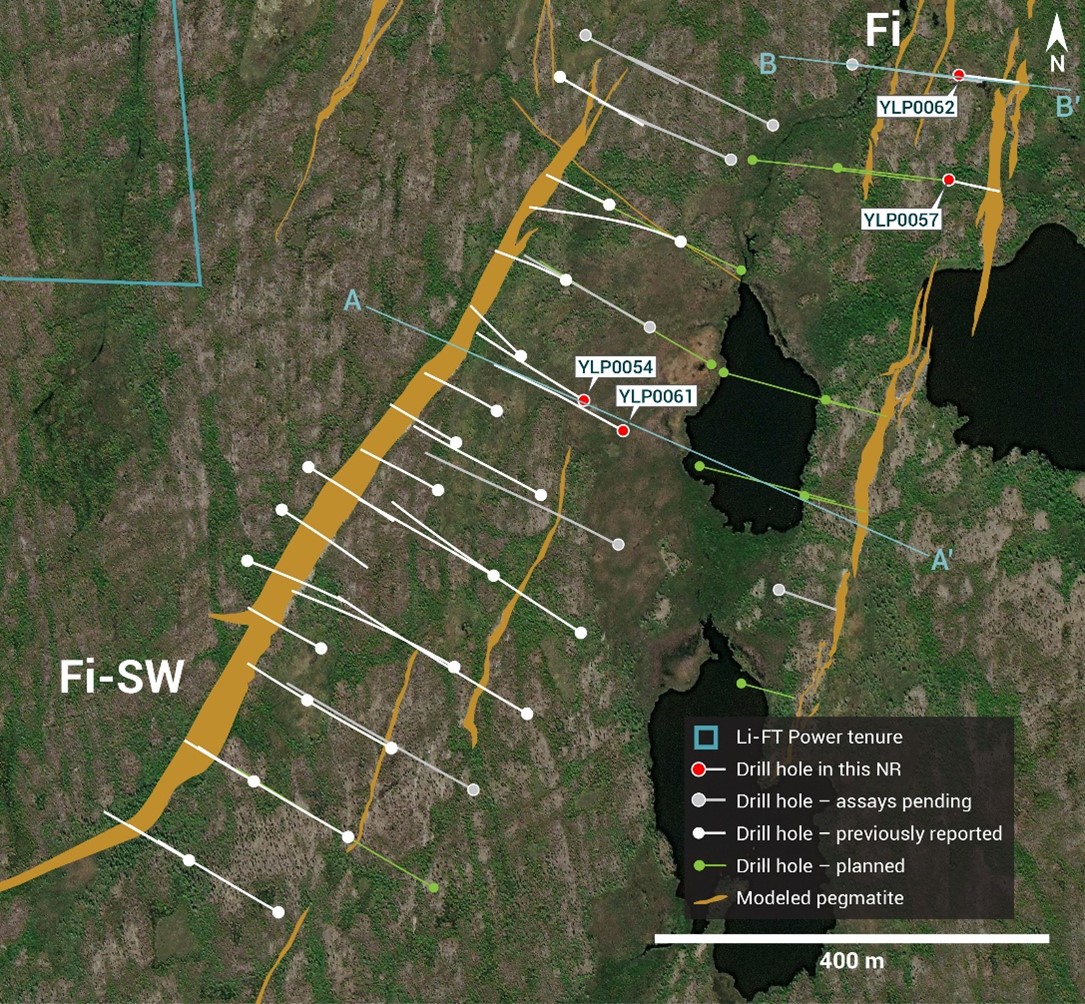 Plan view showing the surface expression of the Fi Southwest and Fi Main pegmatites with diamond drill hole reported in this press release.