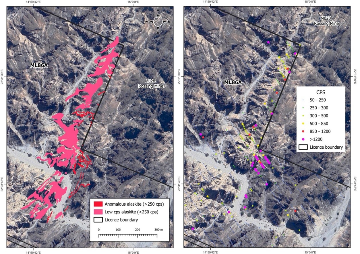 Plan map of the mapped leucogranites and results of the ground radiometric survey across Anomaly 5.