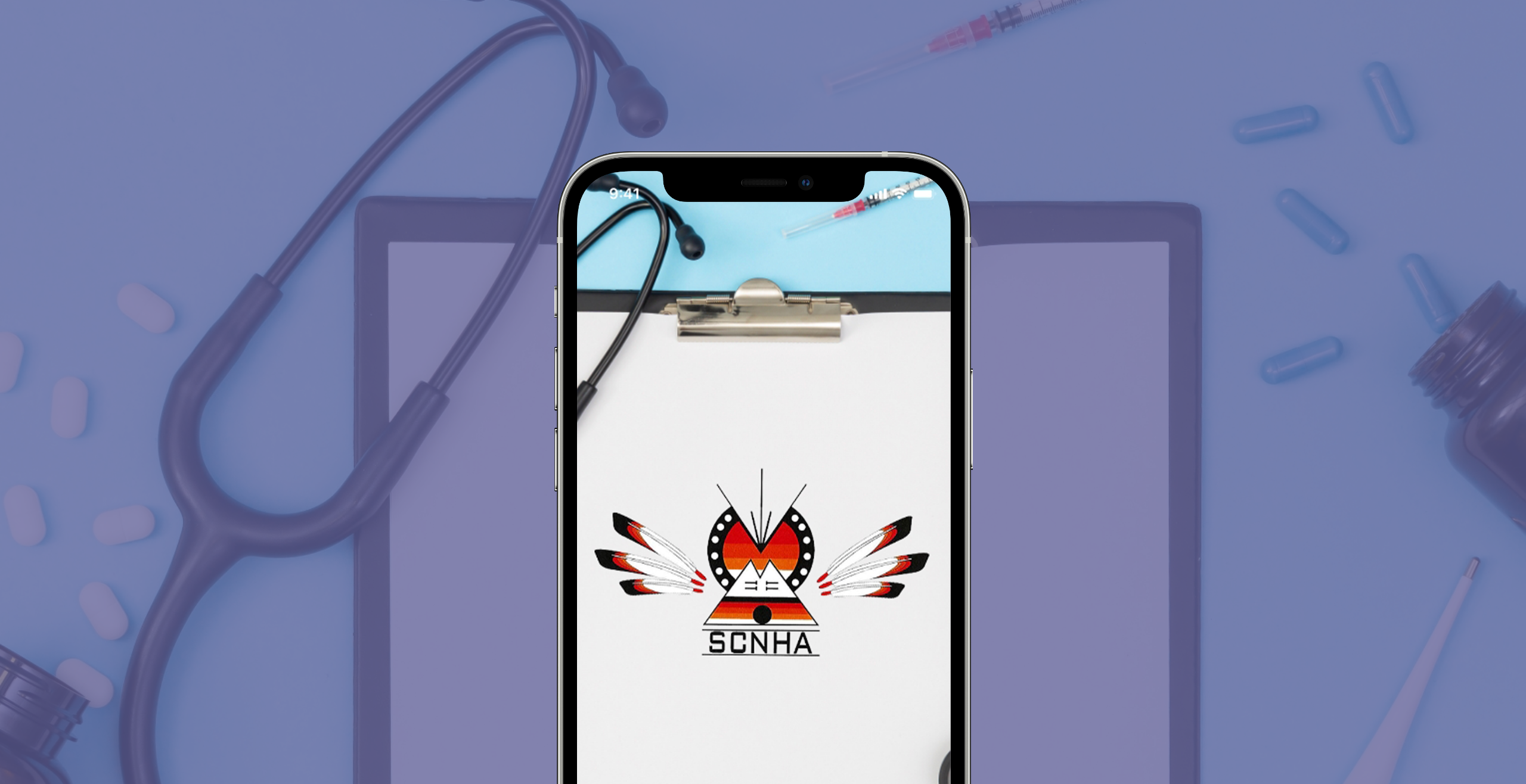 The SCNHA mobile app displayed on a screen in front of a medical themed background. 