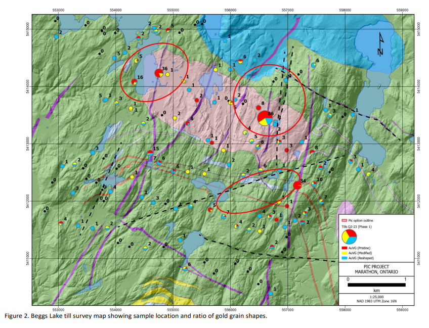 Beggs Lake till survey map showing sample location and ratio of gold grain shapes